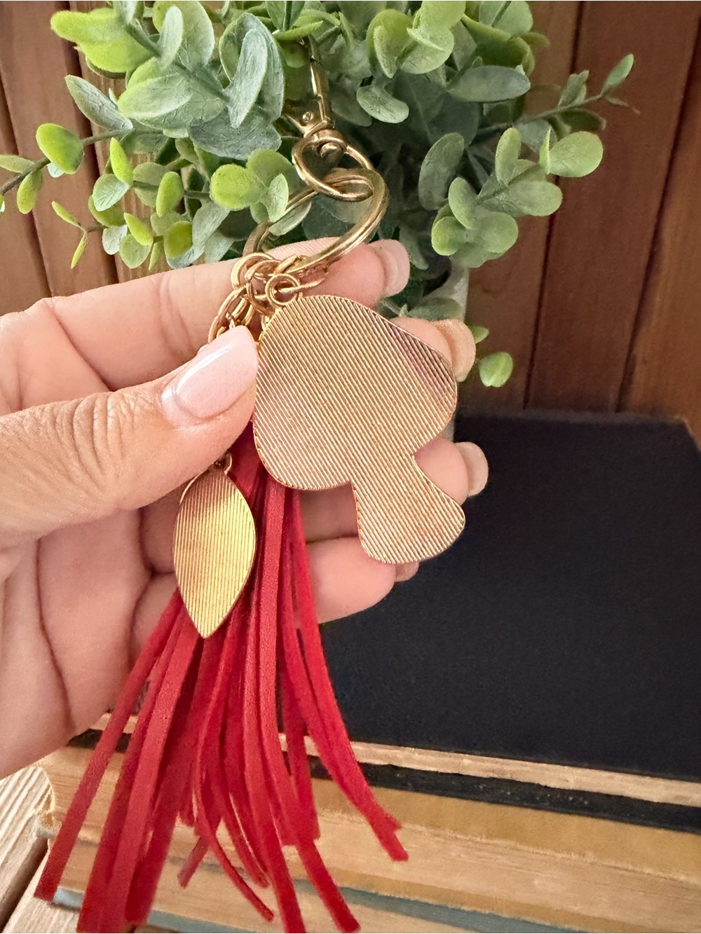 Enameled Mushroom and Leather Tassel Keychain with Green Leaf Charms - Picture 3 of 5